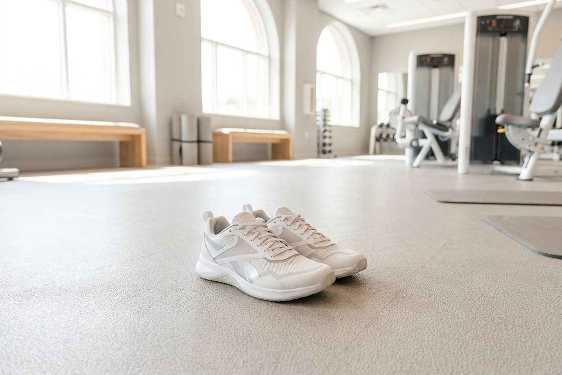 A pair of training shoes on a gym floor in bright daylight