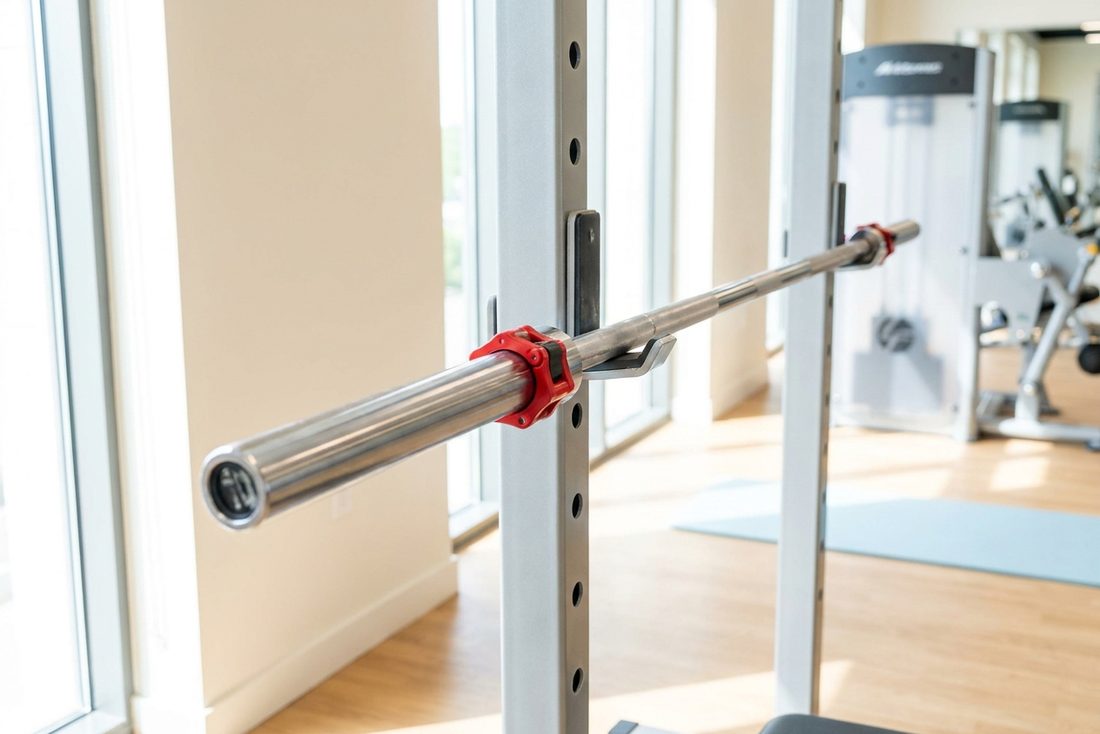 A loaded barbell resting in the hooks of a squat rack in a bright gym