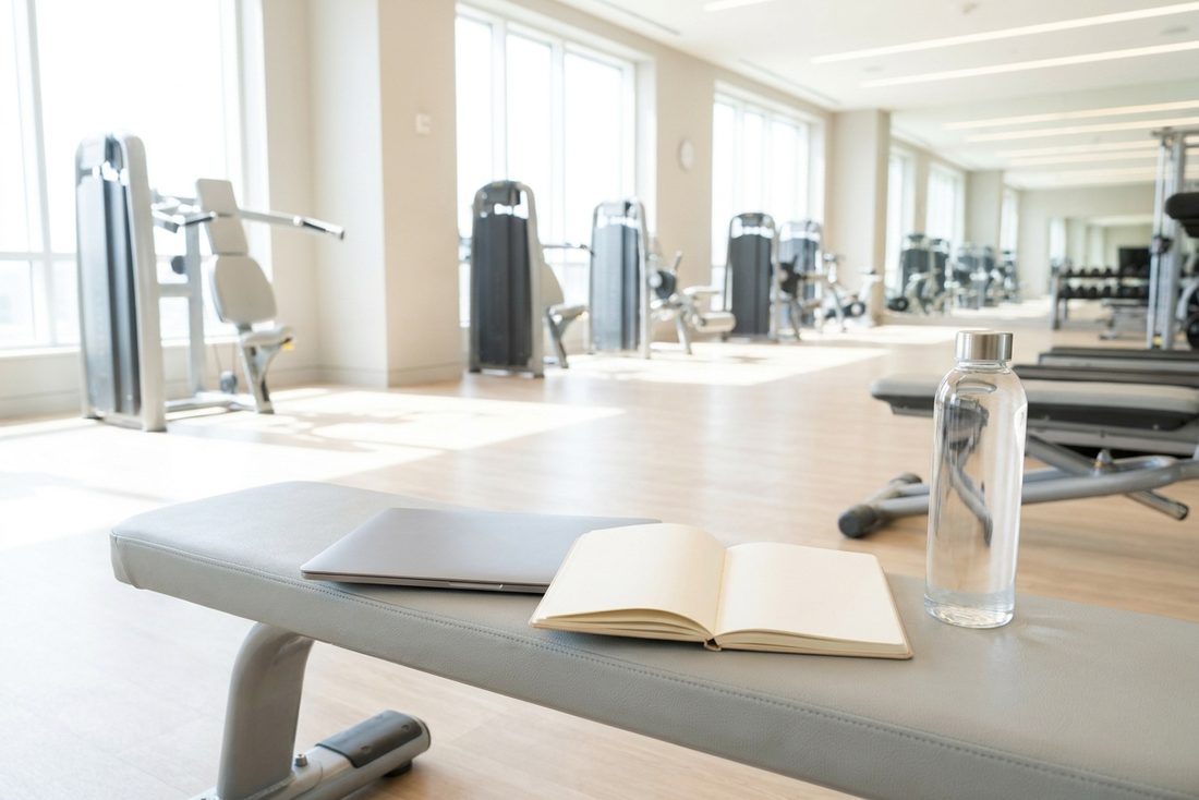A laptop and an open notebook resting on a weight bench in a bright gym