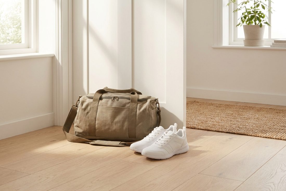 A gym bag and trainers set down by a front door in a bright hallway, early morning