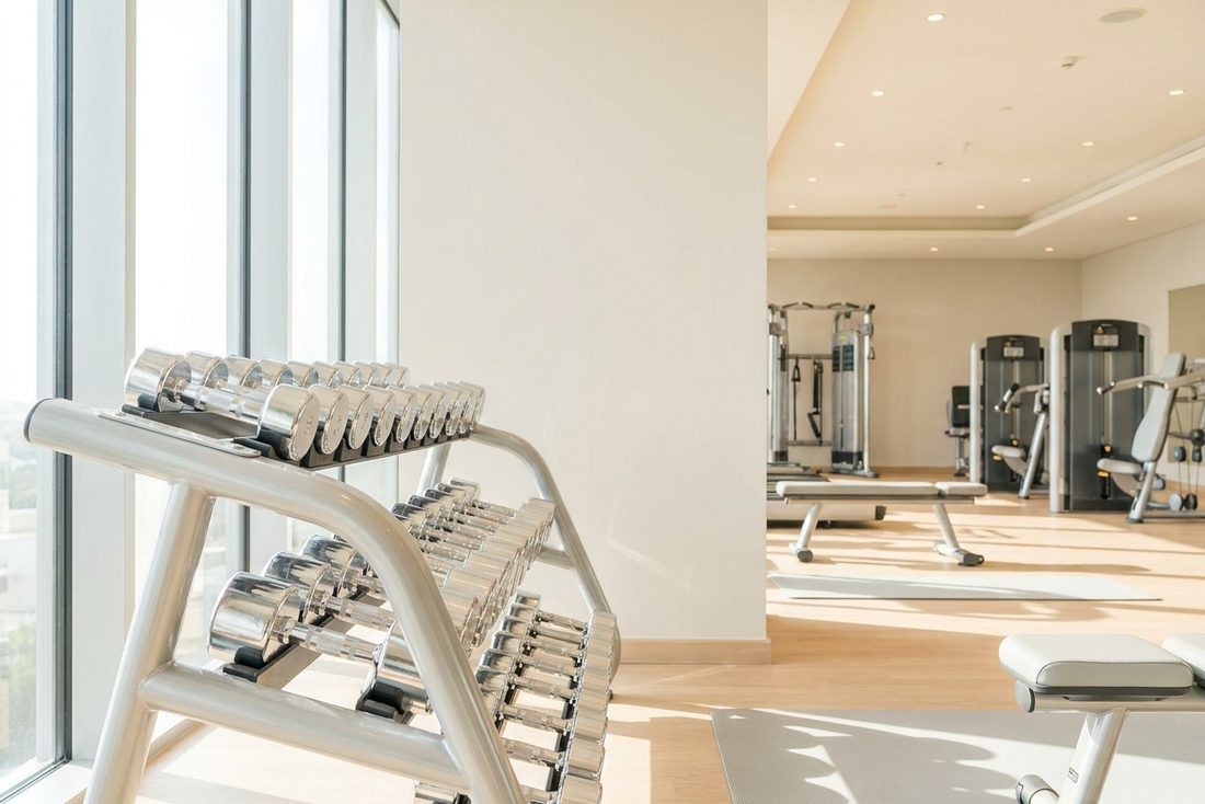 A long rack of dumbbells in a bright, tidy gym