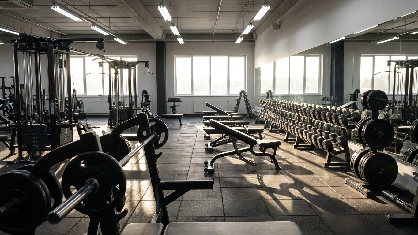 A well equipped gym floor early in the morning, racks and dumbbells ready, nobody there yet